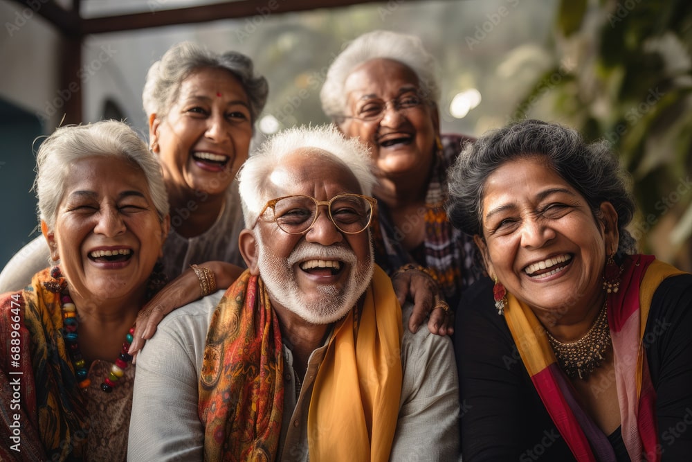A group of five laughing and smiling Indian senior adults posing closely together